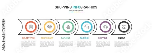 Concept of shopping process with 6 successive steps. Six colorful graphic elements. Timeline design for brochure, presentation, web site. Infographic design layout.