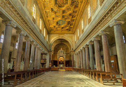ROME, ITALY - AUGUST 29, 2021: The nave church Basilica di San Crisogono.