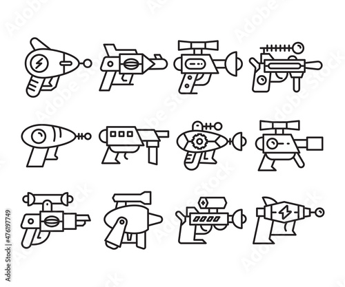 space gun and blaster icons set vector line illustration