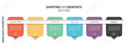 Concept of shopping process with 6 successive steps. Six colorful graphic elements. Timeline design for brochure, presentation, web site. Infographic design layout.