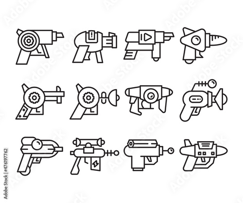 space gun and blaster icons set vector line illustration