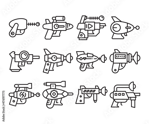 space gun and blaster icons set vector line illustration