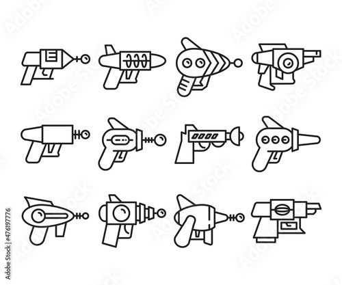 space gun and blaster icons set vector line illustration
