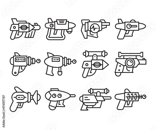 space gun and blaster icons set vector line illustration