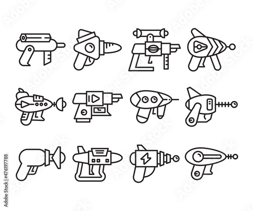 space gun and blaster icons set vector line illustration