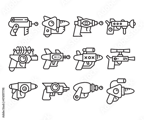 space gun and blaster icons set vector line illustration