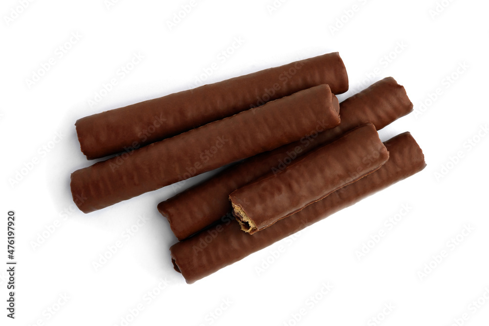 Waffle rolls coated chocolate isolated on white background. Waffle rolls coated chocolate isolated on white background.