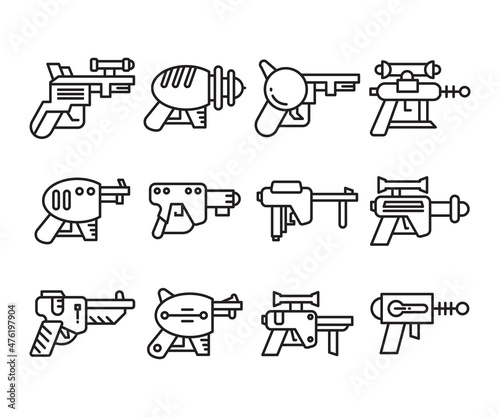 space gun and blaster icons set vector line illustration