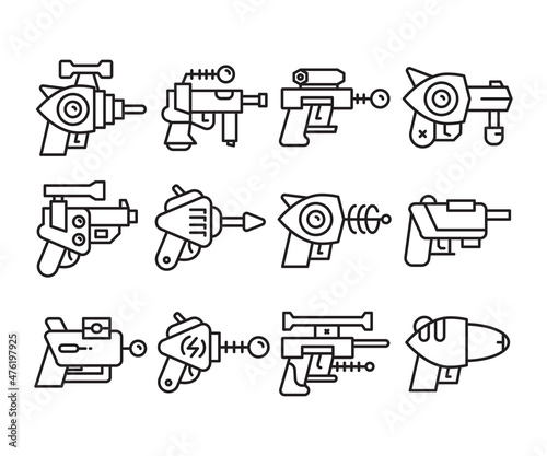 space gun and blaster icons set vector line illustration