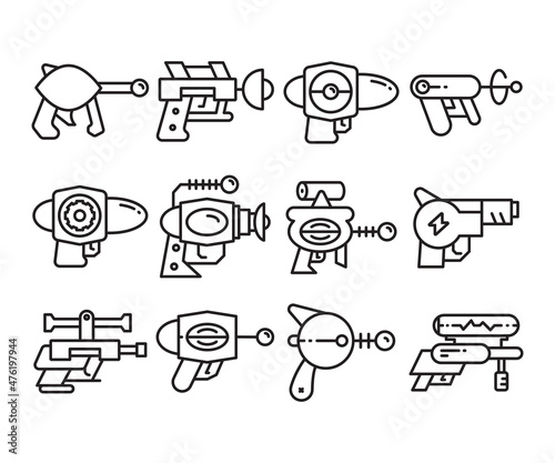 space gun and blaster icons set vector line illustration