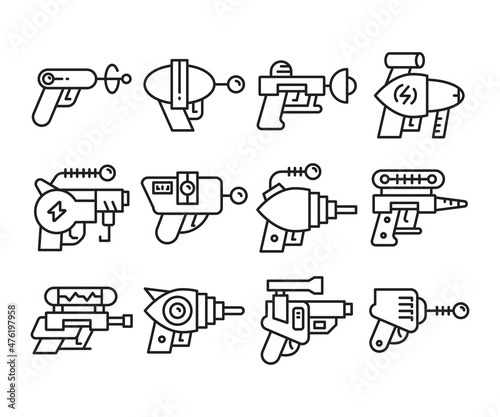 space gun and blaster icons set vector line illustration