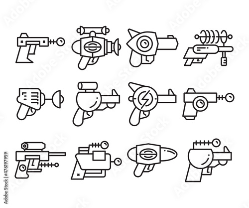 space gun and blaster icons set vector line illustration