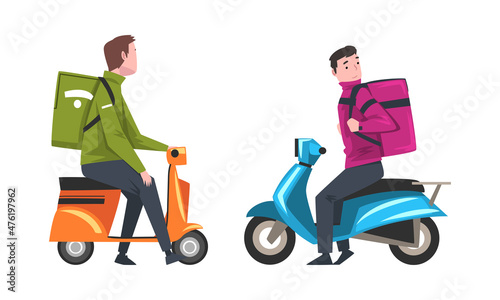 Food Delivery Courier Service with Man on Motor Scooter Carrying Bag Vector Set