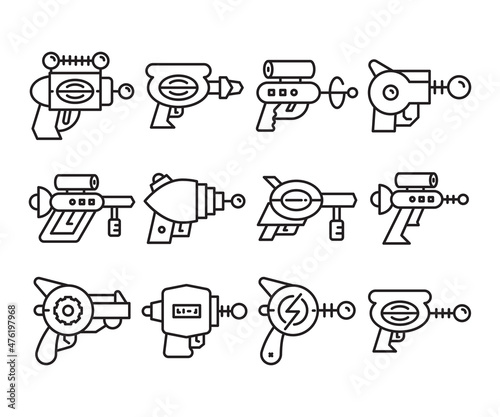 space gun and blaster icons set vector line illustration