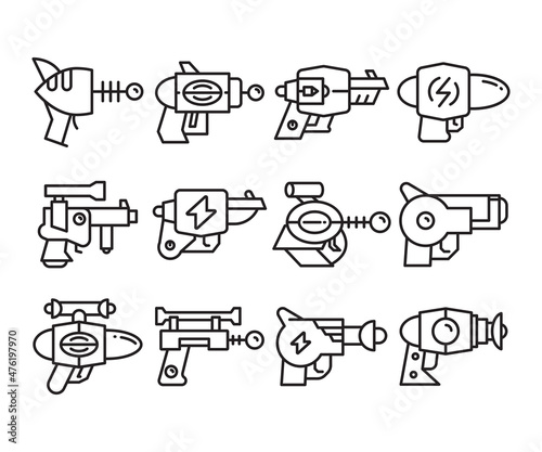 space gun and blaster icons set vector line illustration