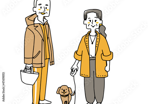 カジュアルなファッションで犬の散歩をする老夫婦　おしゃれで幸福なライフスタイル　ゆるい線画
