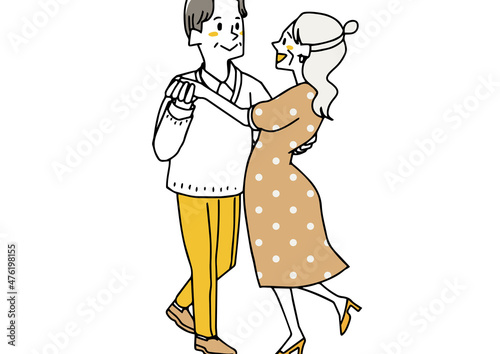 おしゃれをしてダンスを楽しむ老夫婦　ファッションと幸福なライフスタイル　ゆるい線画の人物イラスト