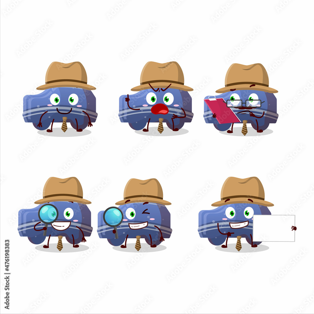 Detective blue car gummy candy cute cartoon character holding magnifying glass Detective blue car gummy candy cute cartoon character holding magnifying glass