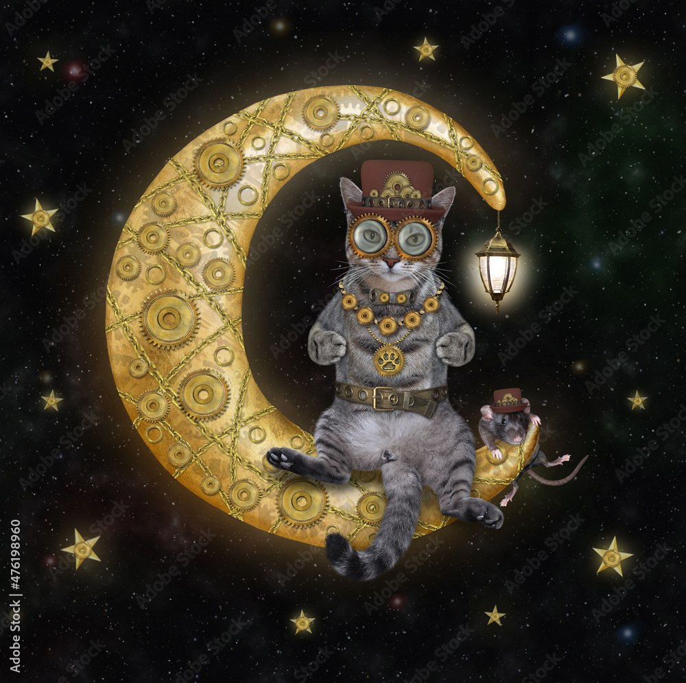 A gray cat sits on the steampunk moon with a vintage street lamp on th star night sky. A gray cat sits on the steampunk moon with a vintage street lamp on th star night sky.