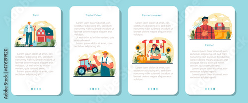 Farmer mobile application banner set. Farm worker growing plants