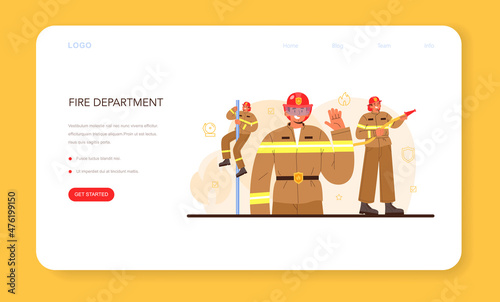 Firefighter web banner or landing page. Professional fire brigade