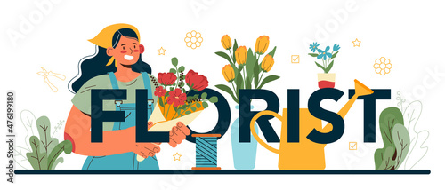 Florist typographic header. Floral designer making bouquet for customer.
