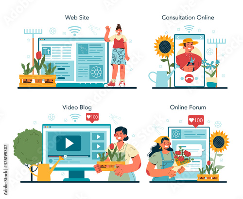 Gardener online service or platform set. Idea of horticultural or landscape