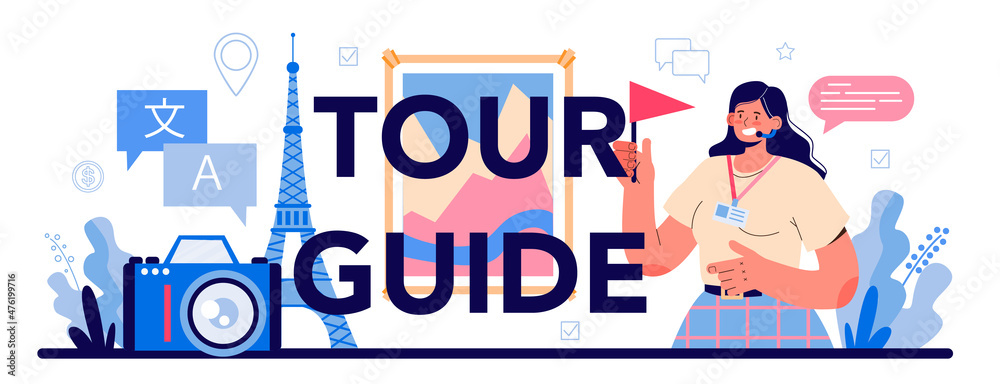 Tour guide typographic header. Tourists listening to the history of the city