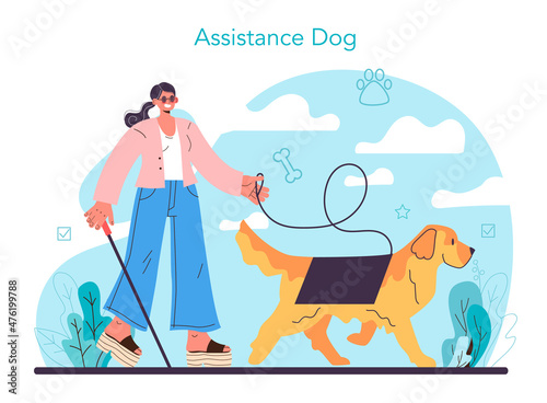 Blind person assistance dog. Dog handler concept. Training exercise