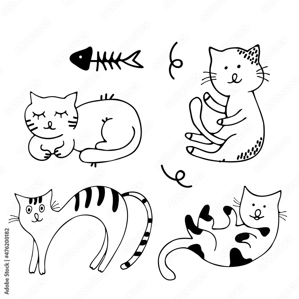 Naklejka premium Draw black and white vector illustration character collection cute cats. Doodle cartoon style. Set characters.