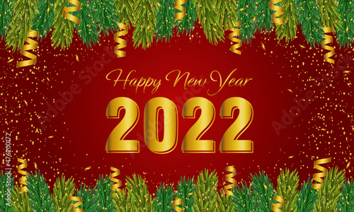 HAPPY NEW YEAR 2022 ON RED BACKGROUND WİTH SPRUCE BRANCHES © Adelia