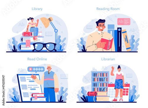 Librarian concept set. Library staff cataloguing and sorting books. Knowledge