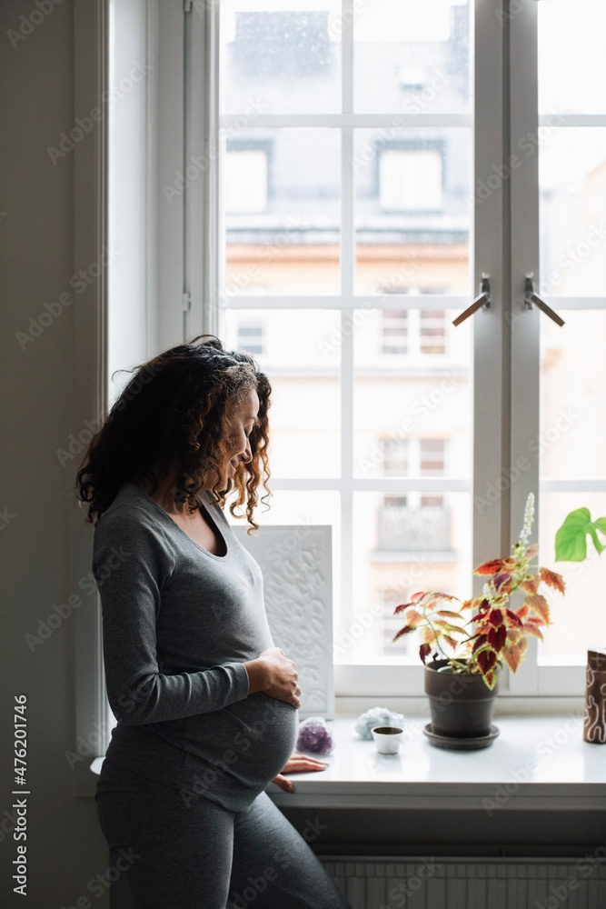 Pregnant woman touching belly while standing by window at home Pregnant woman touching belly while standing by window at home