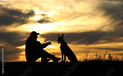 Silhouettes of a man with a guitar and malinois dogs on a sunset background © Diana Badmaeva