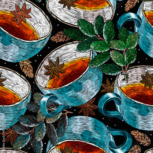 Cup of tea and snow covered branch of a fir-tree. Christmas and New year seamless pattern. Clothes, textile design template. Winter art