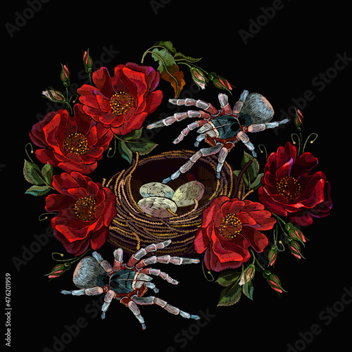 Embroidery bird nest, roses and tarantula spiders. Fashion clothes template and t-shirt design. Dark gothic halloween style. Medieval fairy tale art