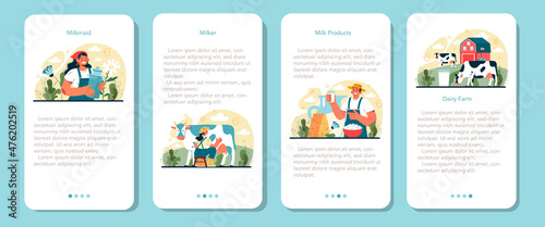 Dairy farm mobile application banner set. Milkmaid milking a cow. photo