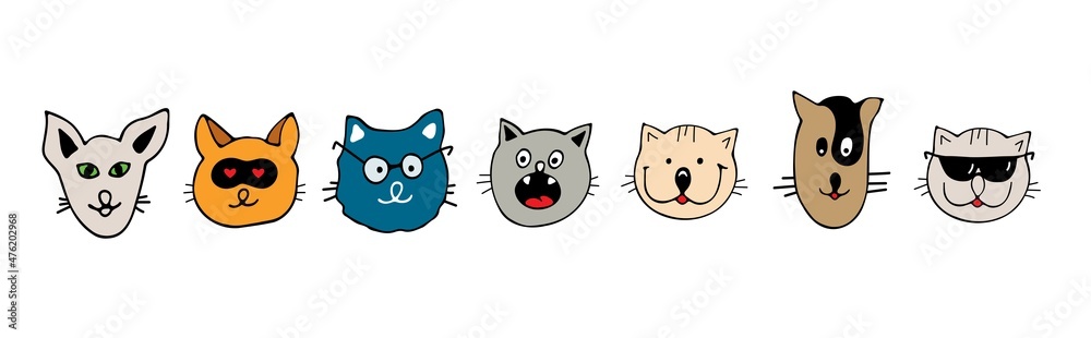 Untitled-1Draw vector illustration character collection cute cats. Doodle cartoon style. Set characters.
Cats heads emoticons vector.