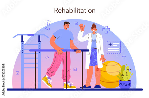 Physiotherapy concept set. Doctor helping patients during physio