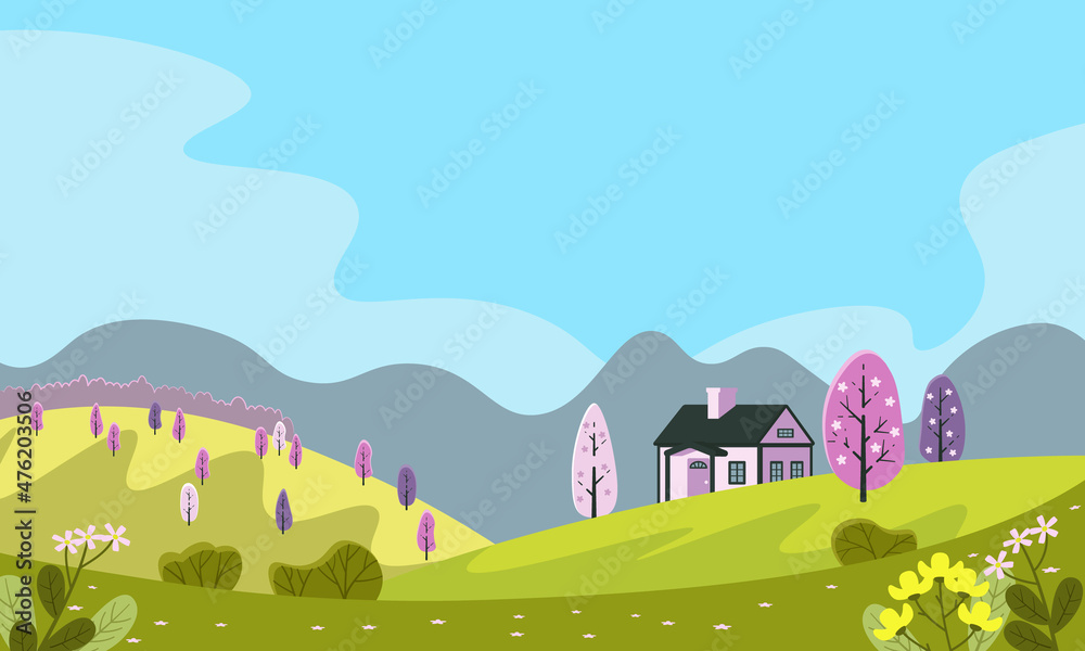 Beautiful spring landscape with hills, a house, trees and flowers. Color vector illustration, flat style.