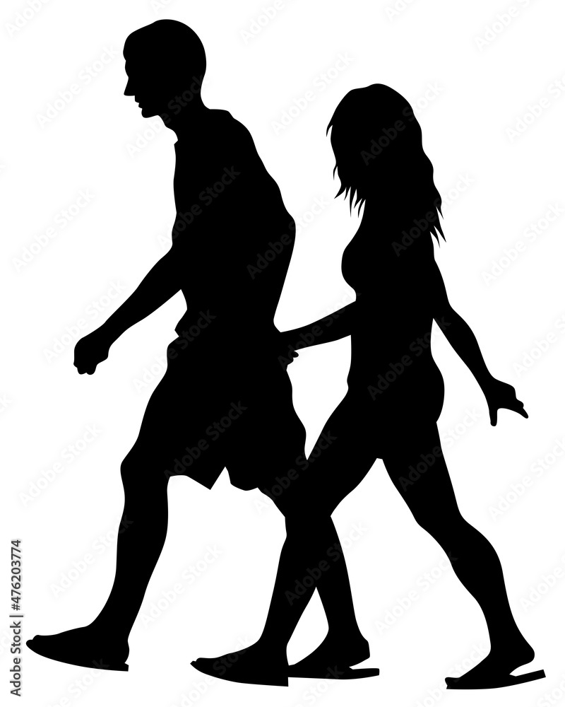 Young man and woman are standing next to each other. Isolated silhouette on a white background Young man and woman are standing next to each other. Isolated silhouette on a white background