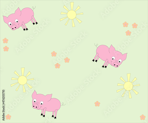 seamless children's pattern with pigs and the sun