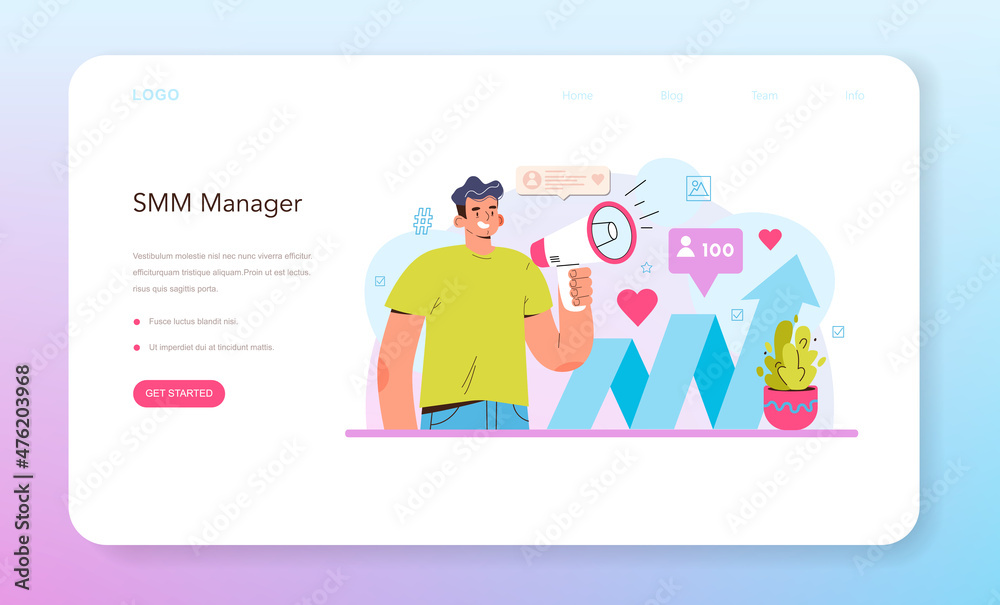 SMM web banner or landing page. Social media marketing, advertising SMM web banner or landing page. Social media marketing, advertising