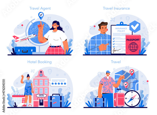 Tourism specialist concept set. Travel agent selling tour, cruise, airway