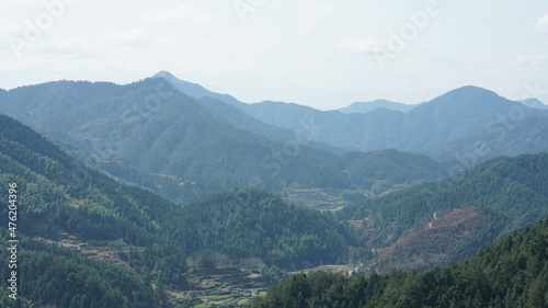 The beautiful mountains view with the green forest and flowers field in the countryside of the southern China 