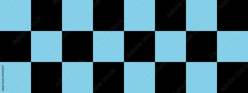 Checkerboard banner. Black and Sky blue colors of checkerboard. Big squares, big cells. Chessboard, checkerboard texture. Squares pattern. Background.