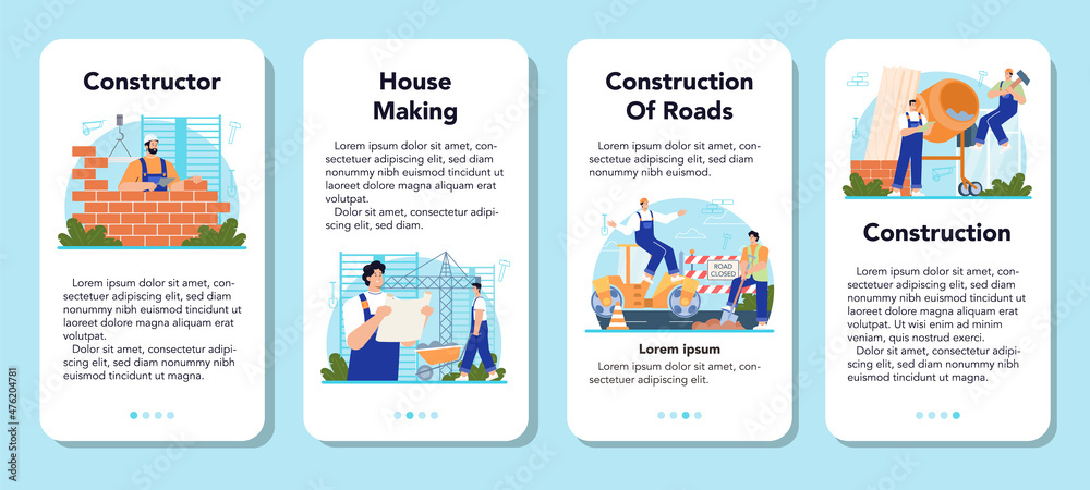 Constructor mobile application banner set. House and road building process