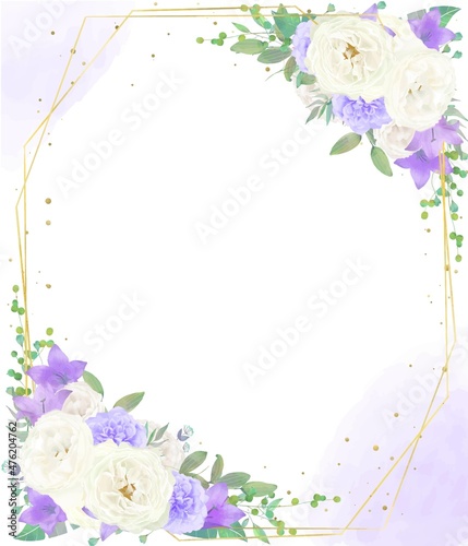 美しい白いバラの花と紫色の花の招待状縦ゴールドフレームベクターイラスト素材

