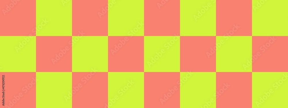 Checkerboard banner. Lime and Salmon colors of checkerboard. Big squares, big cells. Chessboard, checkerboard texture. Squares pattern. Background.