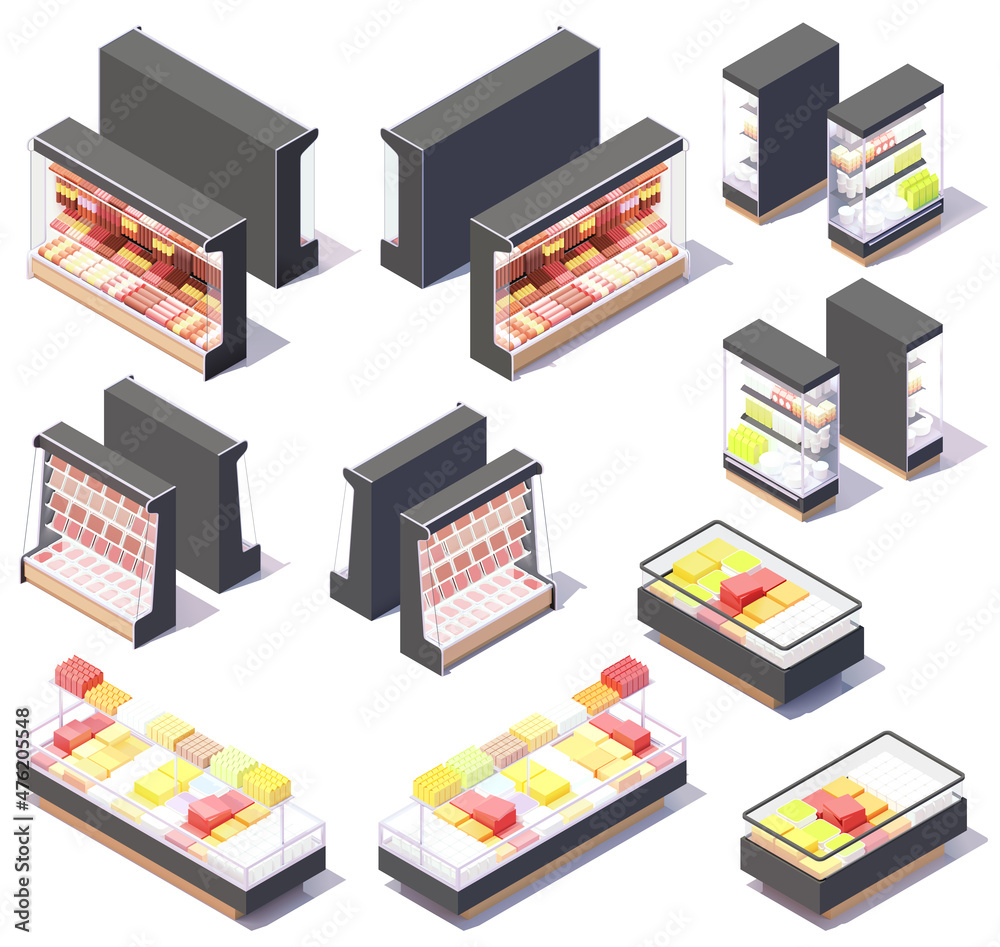 Vector isometric supermarket or meat department store showcase display fridges, refrigerator and shelves for meat, sausages, salami, dairy, convenience food and other products